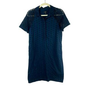 J Crew Eyelet Crochet Shirt Dress Women 4 Navy Blue Cotton Popover Knee Length